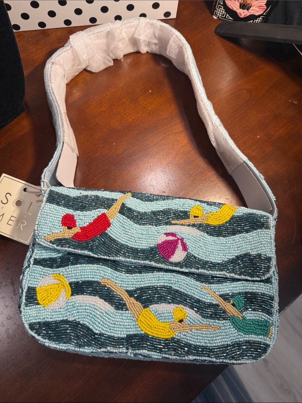 Whimsical Swimmers Beaded Shoulder Bag in Light Blue